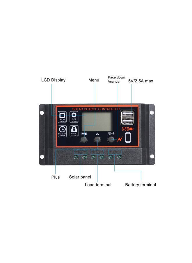 Solar Charge Controller Regulator With USB Black/Blue 133x70x35mm