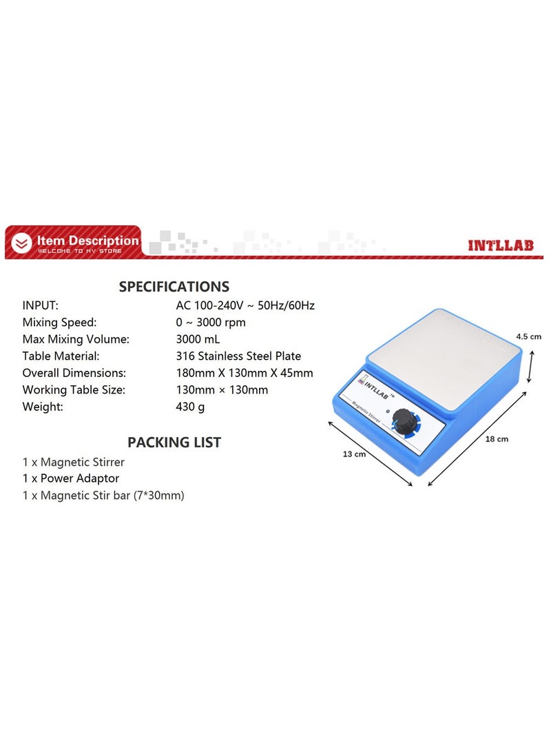 Magnetic Stirrer Magnetic Mixer with Stir Bar 3000 rpm Max Stirring Capacity: 3000ml