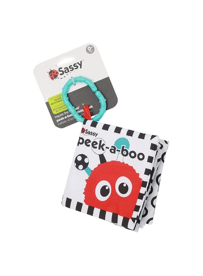 Sassy Peek-a-Boo Activity Book with Attachable Link for On-The-Go Travel | Black & White | for Ages Newborn and Up