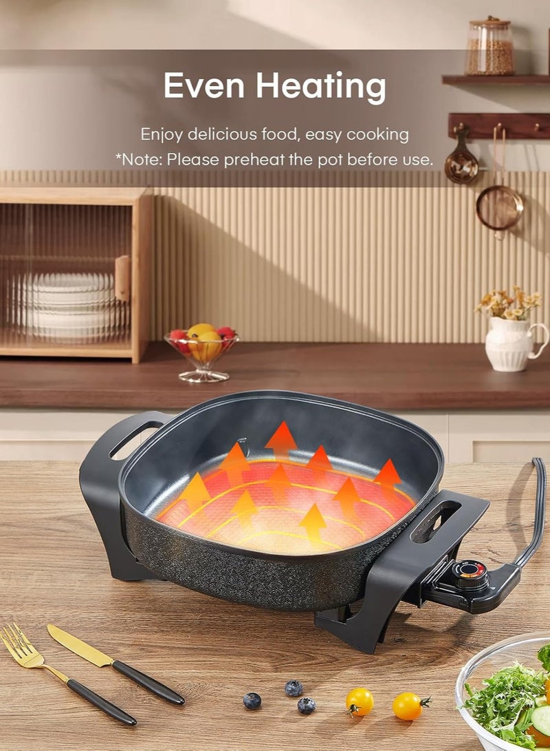 Electric Skillet, 12 Inch Deep Non Stick Electric Frying Pan with Standable Glass Lid, 3 Marked Heating Levels, Heat Resistant Handles and Non-stick Coating Easy to Clean, 1360W, Black