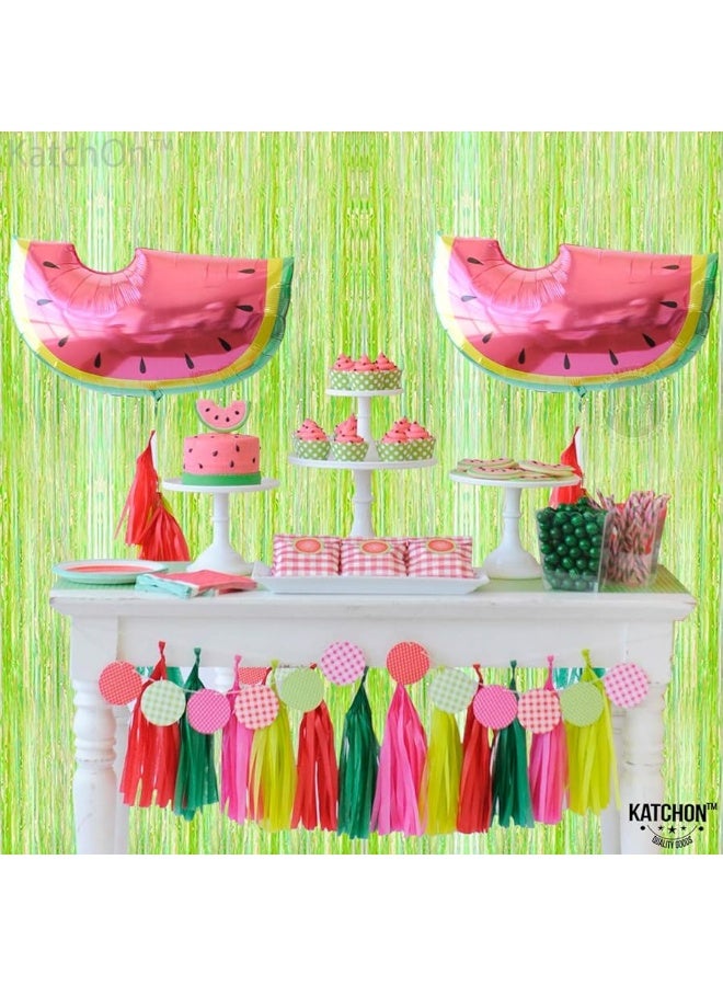 KatchOn, Neon Green Streamers Backdrop - XtraLarge, 3.2x8 Feet | Lime Green Foil Fringe Curtain for Neon Party Decorations, Neon Party Supplies | Neon Fringe Curtain for Lime Green Party Decorations