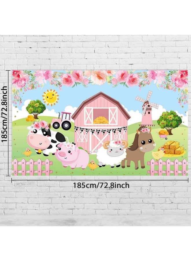 Farm Animals Theme Party Decorations, Pink Flowers Floral Barn Backdrop Banner For Grass Children Birthday Party Supplies, Farm Animals Scenic Background Photo Booth Banner, 72.8 X 43.3 Inch