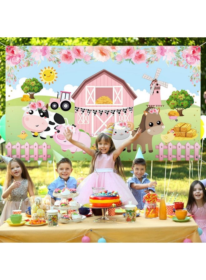 Farm Animals Theme Party Decorations, Pink Flowers Floral Barn Backdrop Banner For Grass Children Birthday Party Supplies, Farm Animals Scenic Background Photo Booth Banner, 72.8 X 43.3 Inch