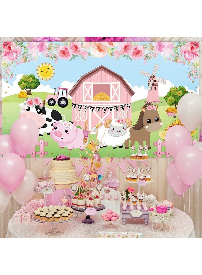 Farm Animals Theme Party Decorations, Pink Flowers Floral Barn Backdrop Banner For Grass Children Birthday Party Supplies, Farm Animals Scenic Background Photo Booth Banner, 72.8 X 43.3 Inch