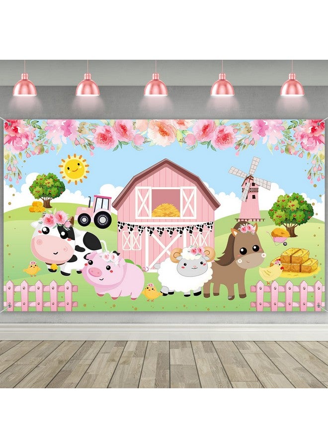 Farm Animals Theme Party Decorations, Pink Flowers Floral Barn Backdrop Banner For Grass Children Birthday Party Supplies, Farm Animals Scenic Background Photo Booth Banner, 72.8 X 43.3 Inch