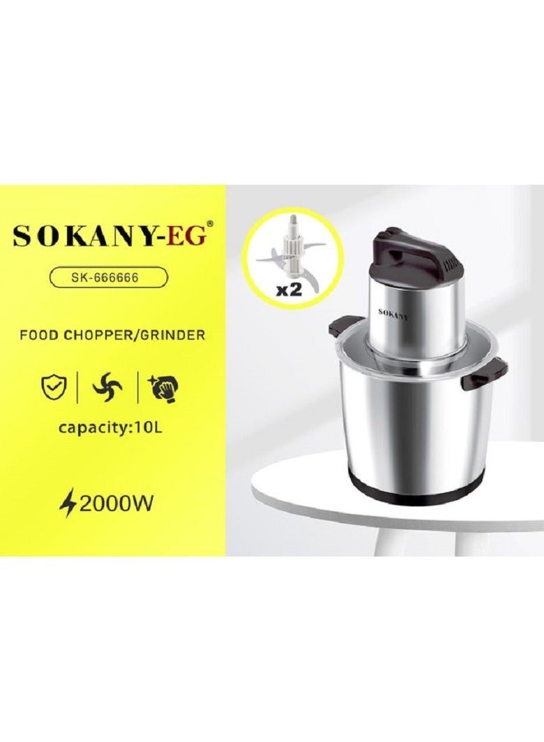 Sokany Food Processor 10L- 2000Watt -Silver-Sk-666666