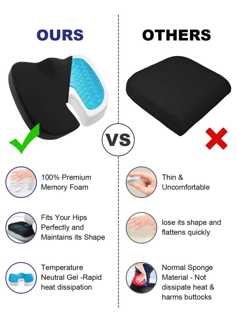 Gel Enhanced Seat Cushion, Foam Coccyx Cushion for Sciatica Tailbone Back Hip Pain Relief, Non-Slip Orthopedic Gel Enhanced Chair Cushions & Memory, Seat Pads for Home, Office, Car, Wheelchair