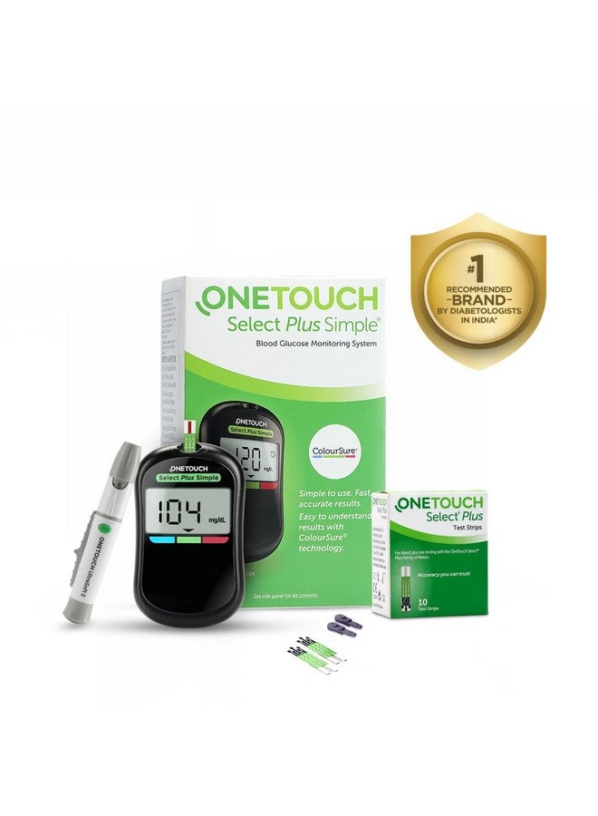 Select Plus Simple Glucometer Machine | Simple & Accurate Testing Of Blood Sugar Levels At Home | Global Iconic Brand | Free 10 Test Strips + 10 Sterile Lancets + 1 Lancing Device