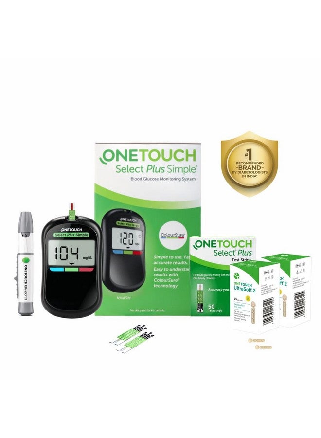 Select Plus Simple Glucometer Machine With 50 Test Strips & 50 Additional Ultrasoft 2 Lancets (Total 60 Lancets) | Simple & Accurate Testing Of Blood Sugar Level At Home | Global Iconic Brand