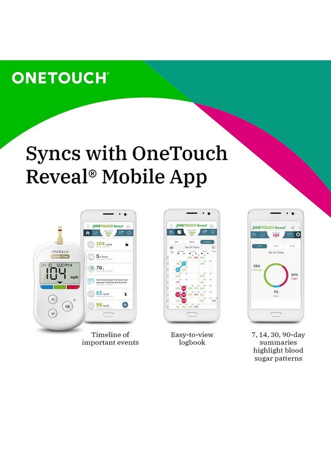 Onetouch Verio Flex Glucometer Machine | Sync Your Results With Onetouch Reveal Mobile App| Simple & Accurate Testing Of Blood Sugar Levels At Home | Global Iconic Brand | Free 10 Test Strips + 10 Sterile Lancets + 1 Lancing Device