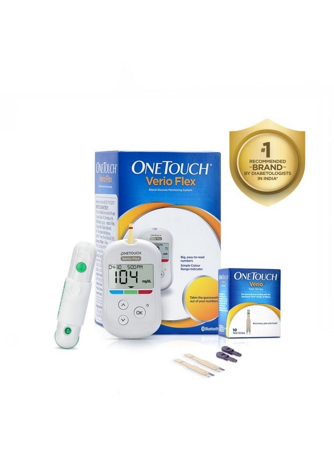 Onetouch Verio Flex Glucometer Machine | Sync Your Results With Onetouch Reveal Mobile App| Simple & Accurate Testing Of Blood Sugar Levels At Home | Global Iconic Brand | Free 10 Test Strips + 10 Sterile Lancets + 1 Lancing Device