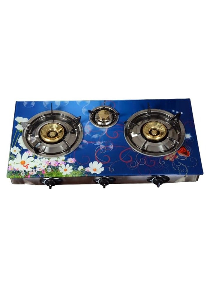 MEBASHI Blue Three Burner Glass Stove with Blue Flame Control Technology (ME-GS1001B