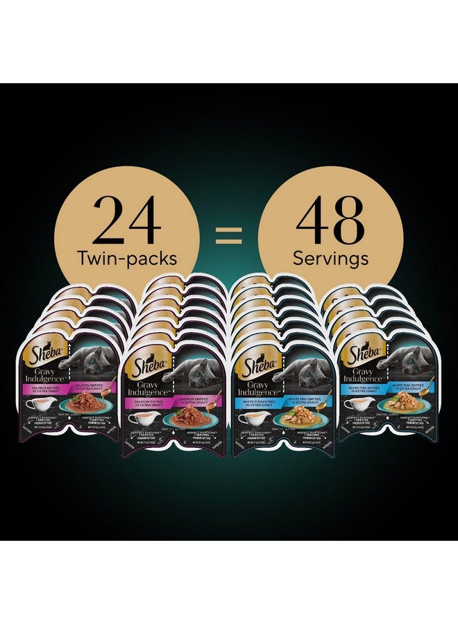 Gravy Indulgence Adult Wet Cat Food (24 Count, 48 Servings), Salmon Entrée In Extra Gravy And White Fish Entrée In Extra Gravy Variety Pack, Easy Peel TwinPack Trays