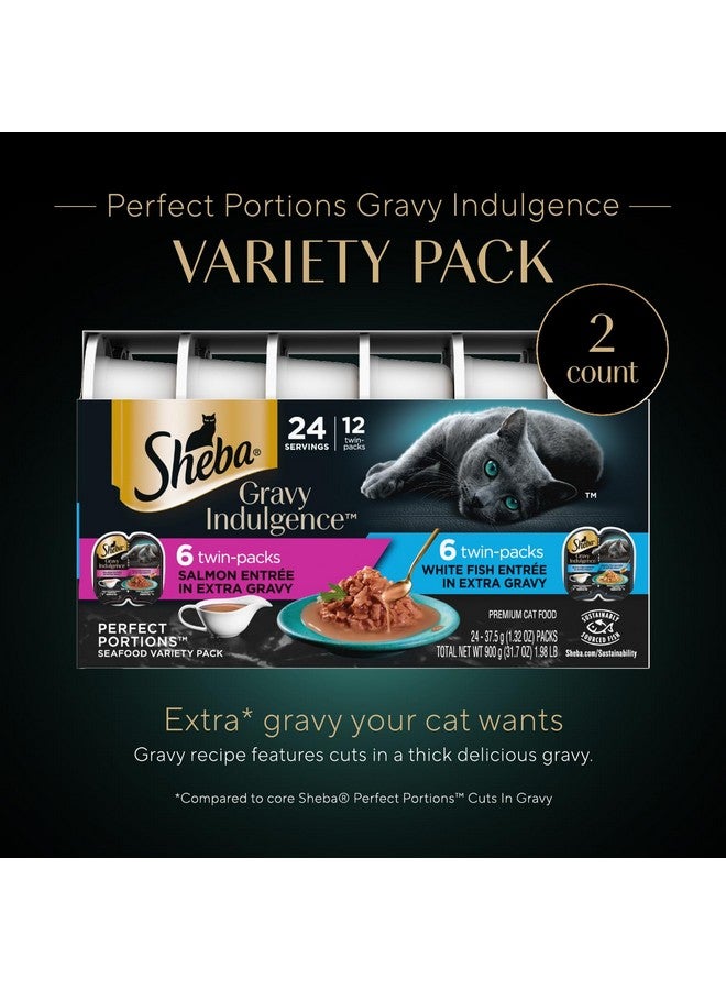 Gravy Indulgence Adult Wet Cat Food (24 Count, 48 Servings), Salmon Entrée In Extra Gravy And White Fish Entrée In Extra Gravy Variety Pack, Easy Peel TwinPack Trays
