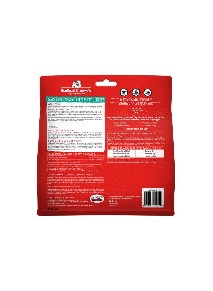 Stella & Chewys Dog Freeze Dried Savory Salmon & Cod Meal Mixers – 8 oz, Stella meal mixers, Stella & Chewys meal mixers, Stellas freeze dried food, freeze-dried dog food, best dog food, nutrious dog food, meal mixers, raw kibble mixers; kibble toppers, kibble toppers for dogs
