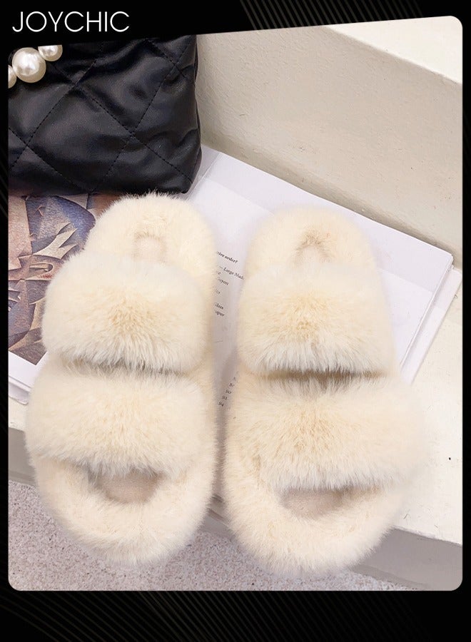 Stylish Women Faux Fur Open Toe Flat Indoor Slippers Autumn and Winter Warm Household Bedroom Comsoft Slippers Beige