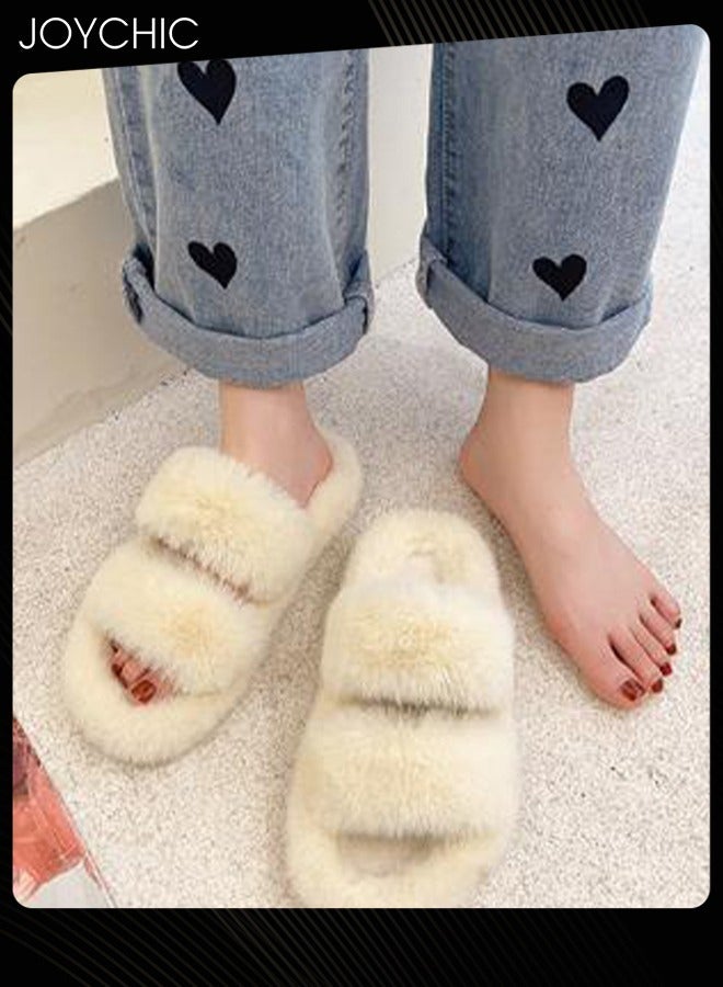 Stylish Women Faux Fur Open Toe Flat Indoor Slippers Autumn and Winter Warm Household Bedroom Comsoft Slippers Beige