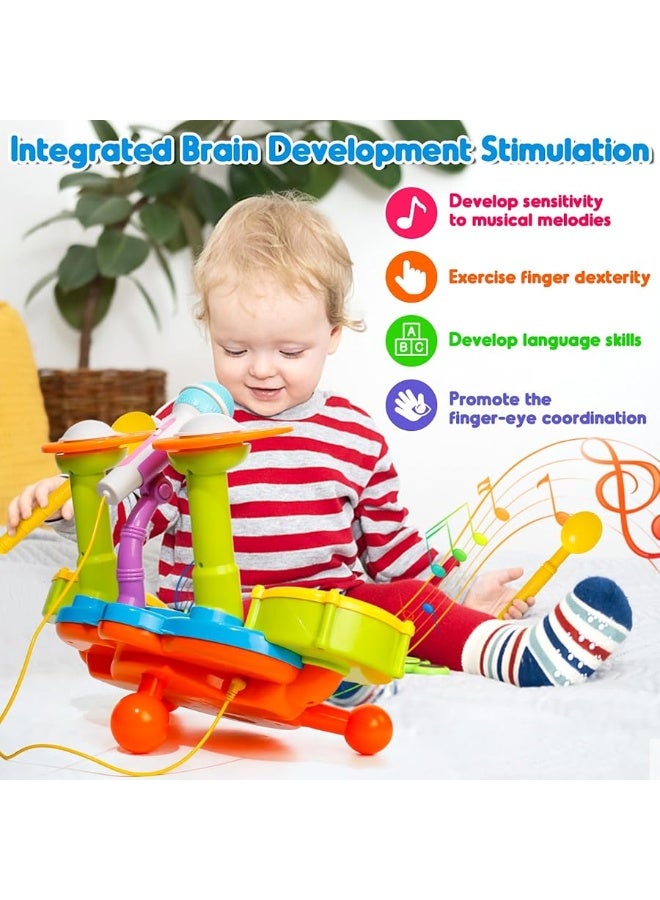 Kids Drum Set for Toddlers 1-3 Musical Toys for 1 Year Old Boy Gifts Baby Educational Instruments Microphone Piano Light Up Baby Learning Toys 12-18 Months Easter Gift for 1 2 3 Year Old Boy Girl