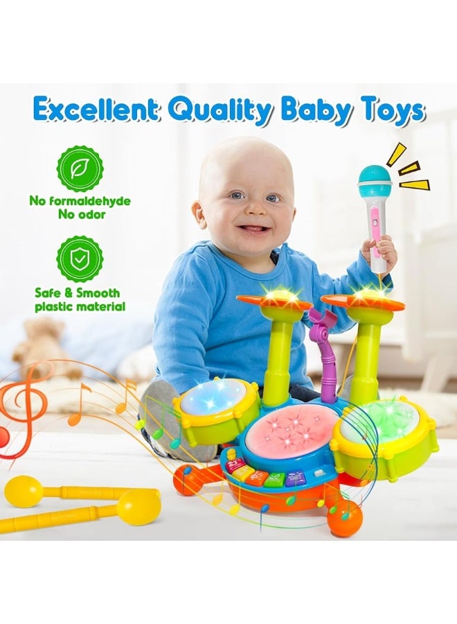 Kids Drum Set for Toddlers 1-3 Musical Toys for 1 Year Old Boy Gifts Baby Educational Instruments Microphone Piano Light Up Baby Learning Toys 12-18 Months Easter Gift for 1 2 3 Year Old Boy Girl