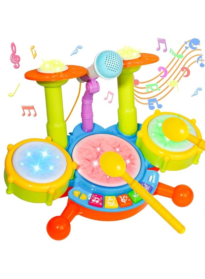 Kids Drum Set for Toddlers 1-3 Musical Toys for 1 Year Old Boy Gifts Baby Educational Instruments Microphone Piano Light Up Baby Learning Toys 12-18 Months Easter Gift for 1 2 3 Year Old Boy Girl