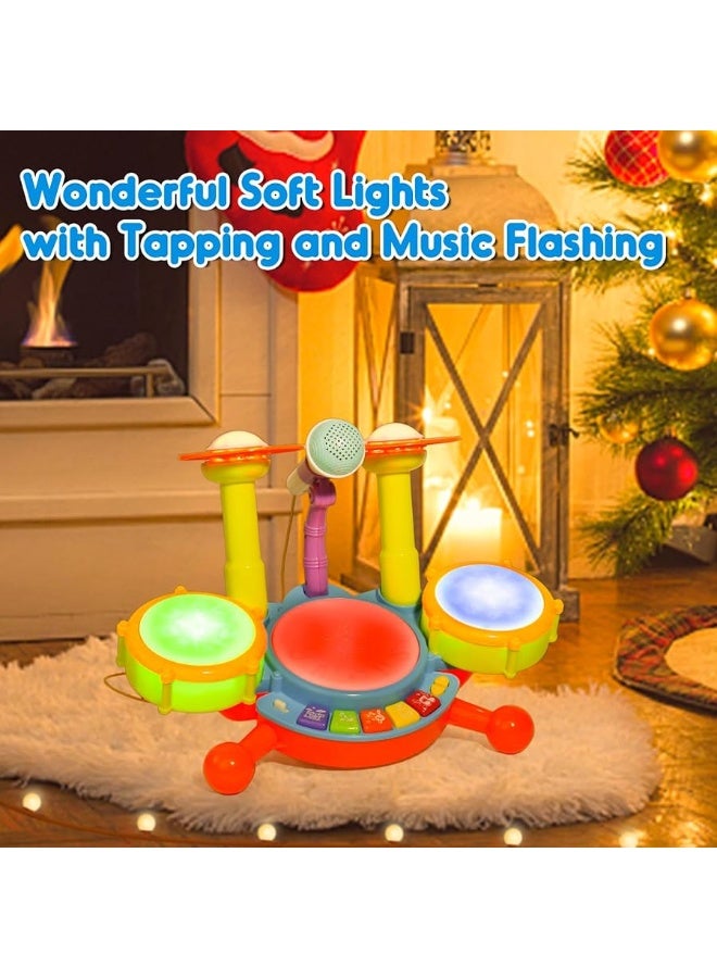 Kids Drum Set for Toddlers 1-3 Musical Toys for 1 Year Old Boy Gifts Baby Educational Instruments Microphone Piano Light Up Baby Learning Toys 12-18 Months Easter Gift for 1 2 3 Year Old Boy Girl