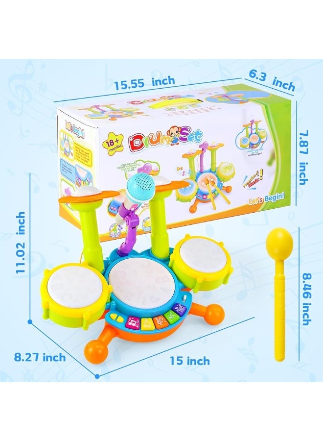 Kids Drum Set for Toddlers 1-3 Musical Toys for 1 Year Old Boy Gifts Baby Educational Instruments Microphone Piano Light Up Baby Learning Toys 12-18 Months Easter Gift for 1 2 3 Year Old Boy Girl