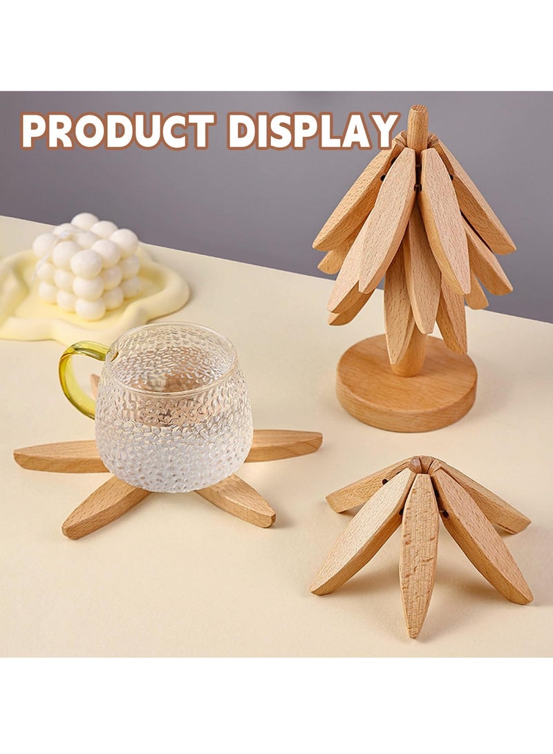 Wooden Trivets for Hot Dishes, Tree Shape Trivet Set, 4 Wooden Trivets+1 Stand, Trivets for Hot Dishes, Natural Foldable Kitchen Wooden Trivet, for Hot Dishe, pot, Bow, Teapot (Beech Wood)