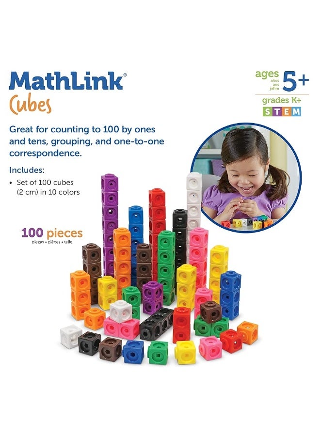 Learning Resources MathLink Cubes - Set of 100 Cubes, Ages 5+ Kindergarten, STEM Activities, Math Manipulatives, Homeschool Supplies, Teacher Supplies