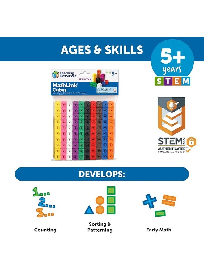 Learning Resources MathLink Cubes - Set of 100 Cubes, Ages 5+ Kindergarten, STEM Activities, Math Manipulatives, Homeschool Supplies, Teacher Supplies