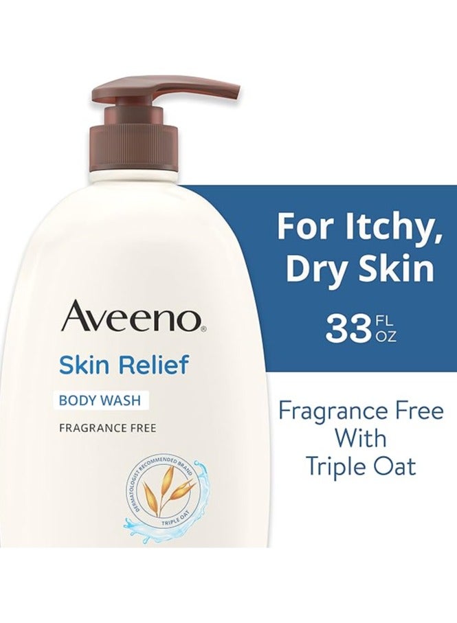 Aveeno Skin Relief Fragrance-Free Body Wash with Oat to Soothe Dry Itchy Skin, Gentle, Soap-Free & Dye-Free for Sensitive Skin, 33 fl. oz (975 mL)