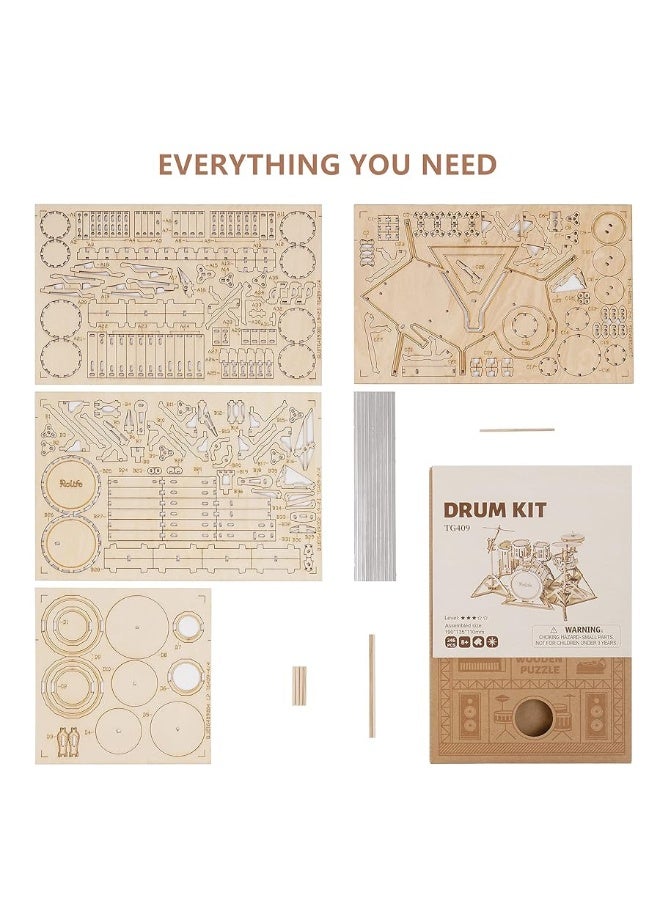 ROBOTIME Wooden Craft Kits for Kids 3D Wooden Puzzle DIY Model Drum Kit to Build for Boys Adorable Home Decoration for Teens