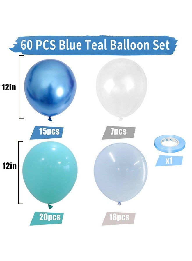 Teal Blue Balloons, 60 Pcs Turquoise Blue Balloons With Transparent Balloon Metallic Blue Balloons, Pastel Baby Blue Balloons Pearl Teal Balloons For Ocean Shark Sea Mermaid Theme Party Decorations