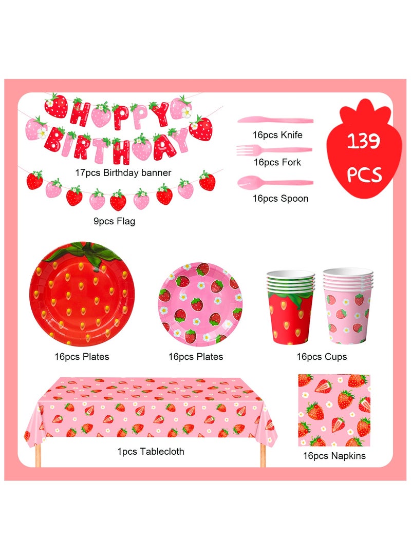 Strawberry Birthday Tableware, 139pcs Strawberry Party Tableware Set - Strawberry Birthday Party Plates Napkins Cups Tablecloth etc Strawberry Baby Shower Tableware for Strawberry Birthday Decorations