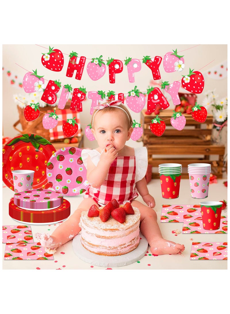 Strawberry Birthday Tableware, 139pcs Strawberry Party Tableware Set - Strawberry Birthday Party Plates Napkins Cups Tablecloth etc Strawberry Baby Shower Tableware for Strawberry Birthday Decorations