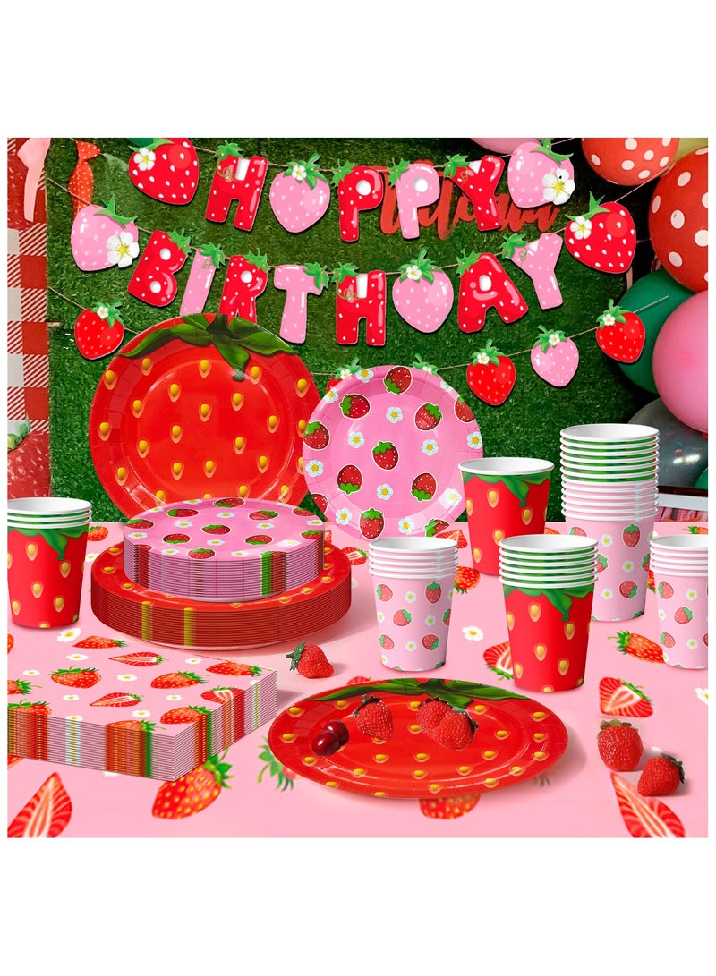 Strawberry Birthday Tableware, 139pcs Strawberry Party Tableware Set - Strawberry Birthday Party Plates Napkins Cups Tablecloth etc Strawberry Baby Shower Tableware for Strawberry Birthday Decorations