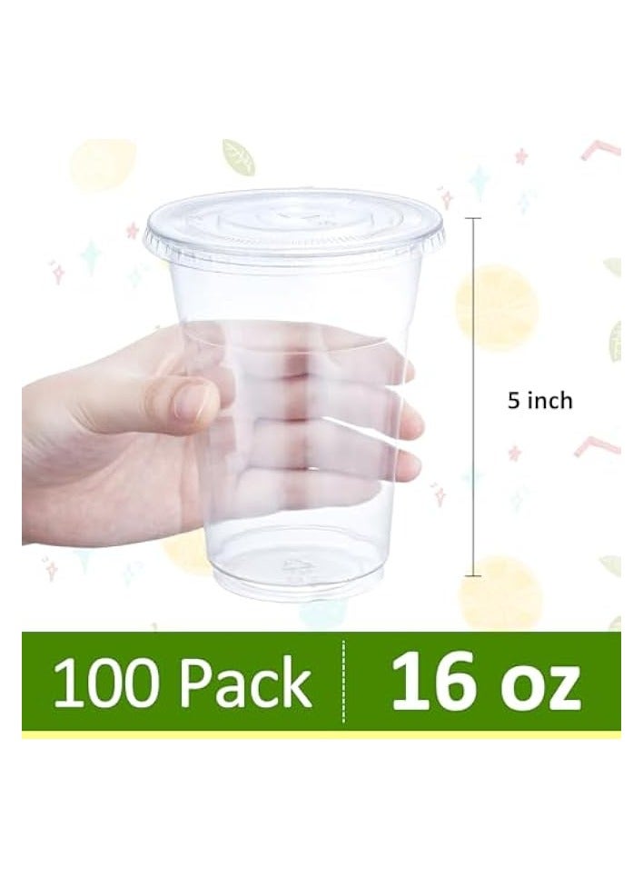 16 oz Clear Plastic Cups with Lids 100 Sets Disposable Plastic Cups with Flat Lids To Go, Cold Drink Cups, Smoothie Cups