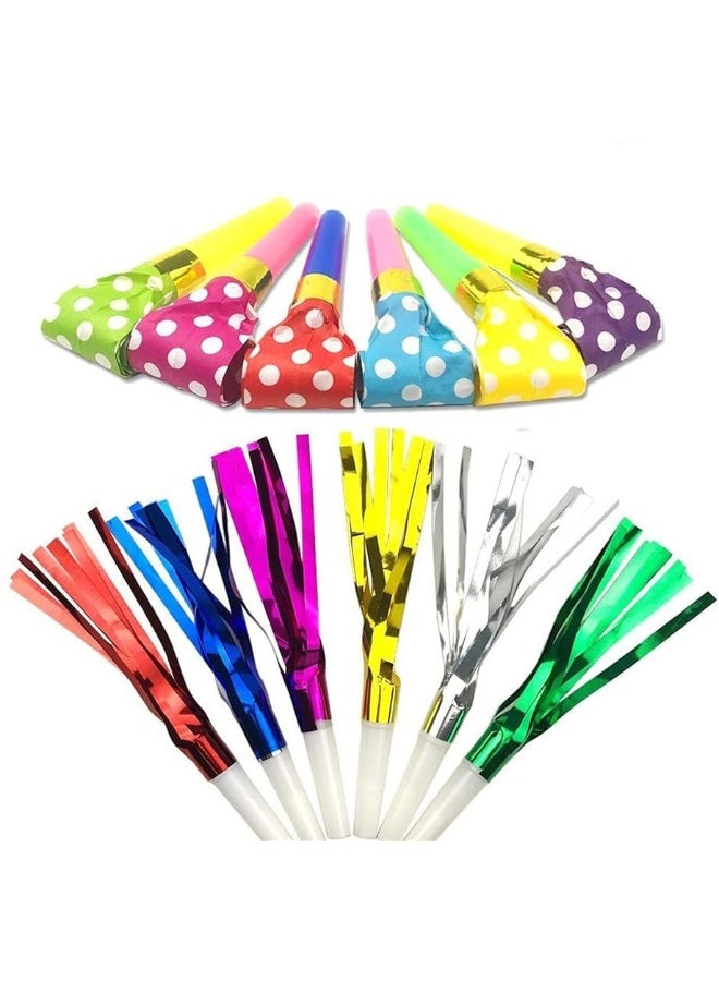 72pcs Party Blowers, 2 Kinds of Birthday Blowouts Horns Whistles Musical Paper Noisemakers and Glitter Fringed Metal Blowouts Party Favors Noise Makers