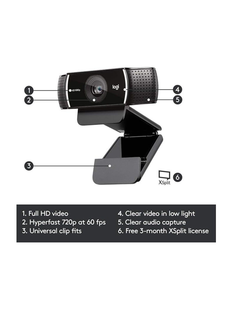 C922 Pro Stream Webcam, HD 1080p/30fps or HD 720p/60fps Hyperfast Streaming, Stereo Audio, HD light correction, Autofocus, For YouTube, Twitch, XSplit, PC/Mac/Laptop/Macbook/Tablet - Black