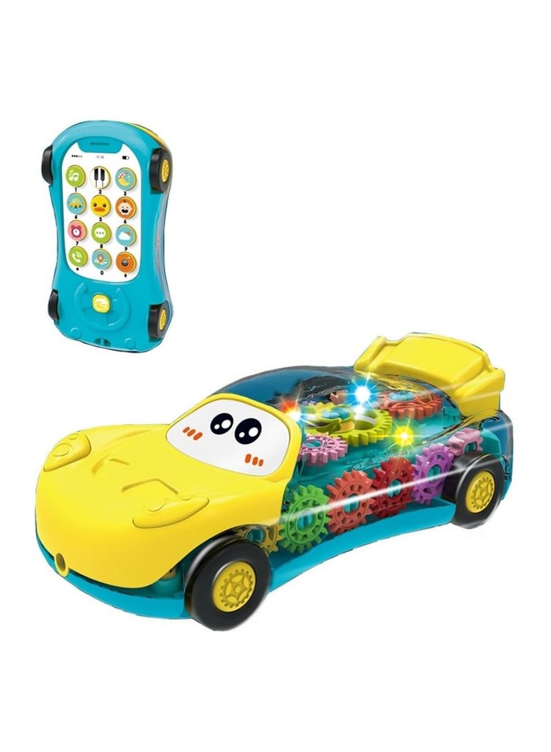 2-in-1 Transparent Gear Car & Toy Phone - An educational car toy with visible gears, light, and music, doubling as a simulation phone for interactive learning. Ideal for kids ages 3+