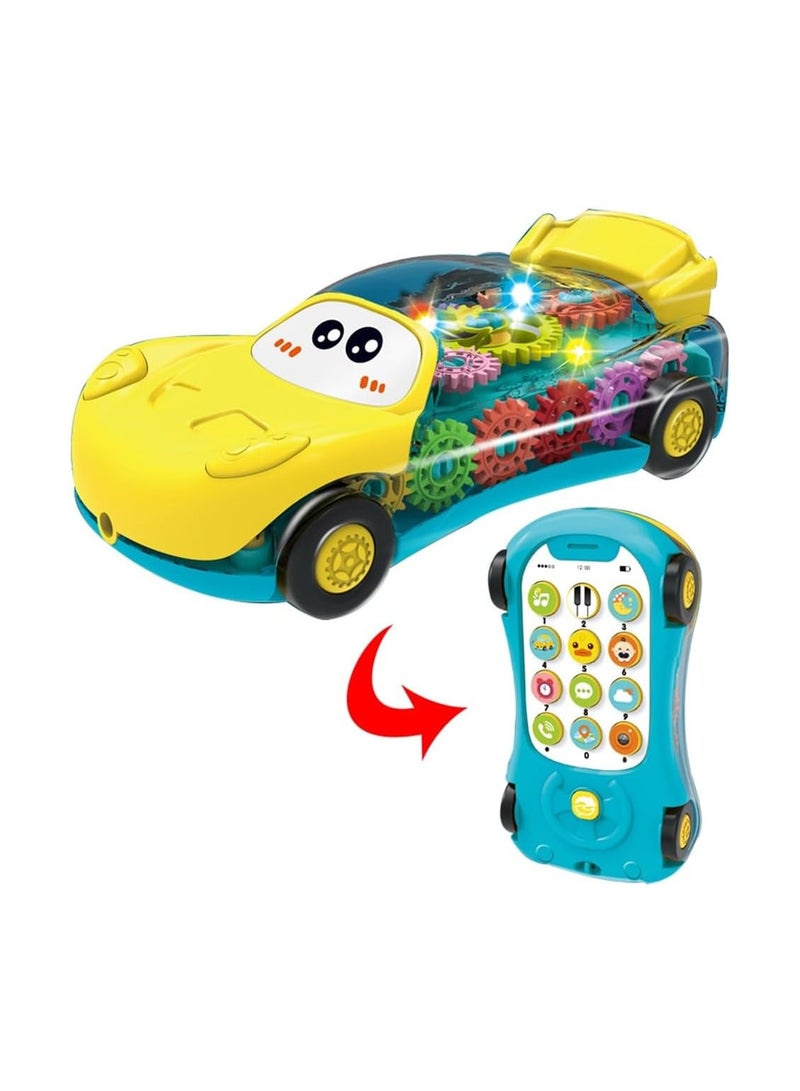 2-in-1 Transparent Gear Car & Toy Phone - An educational car toy with visible gears, light, and music, doubling as a simulation phone for interactive learning. Ideal for kids ages 3+