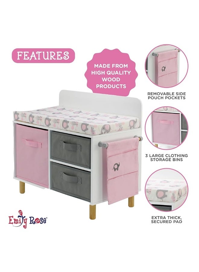 Emily Rose New Wooden Toy Baby Doll Crib Set for Little Girls, Changing Table Furniture with Clothes and Accessories Storage and Pockets, for 3+ Year Olds, Doll Set and Accessories - White/Pink/Gray