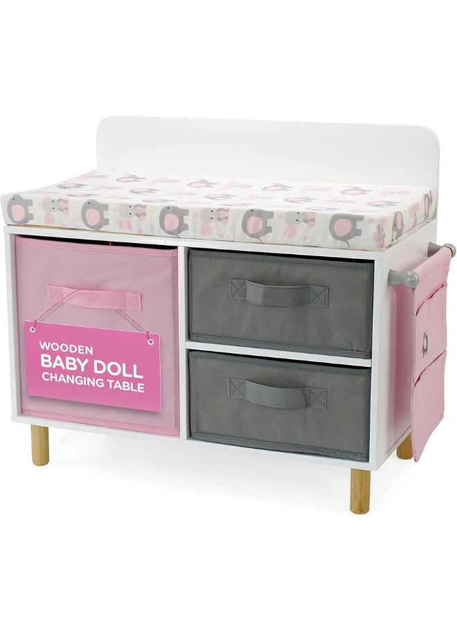 Emily Rose New Wooden Toy Baby Doll Crib Set for Little Girls, Changing Table Furniture with Clothes and Accessories Storage and Pockets, for 3+ Year Olds, Doll Set and Accessories - White/Pink/Gray