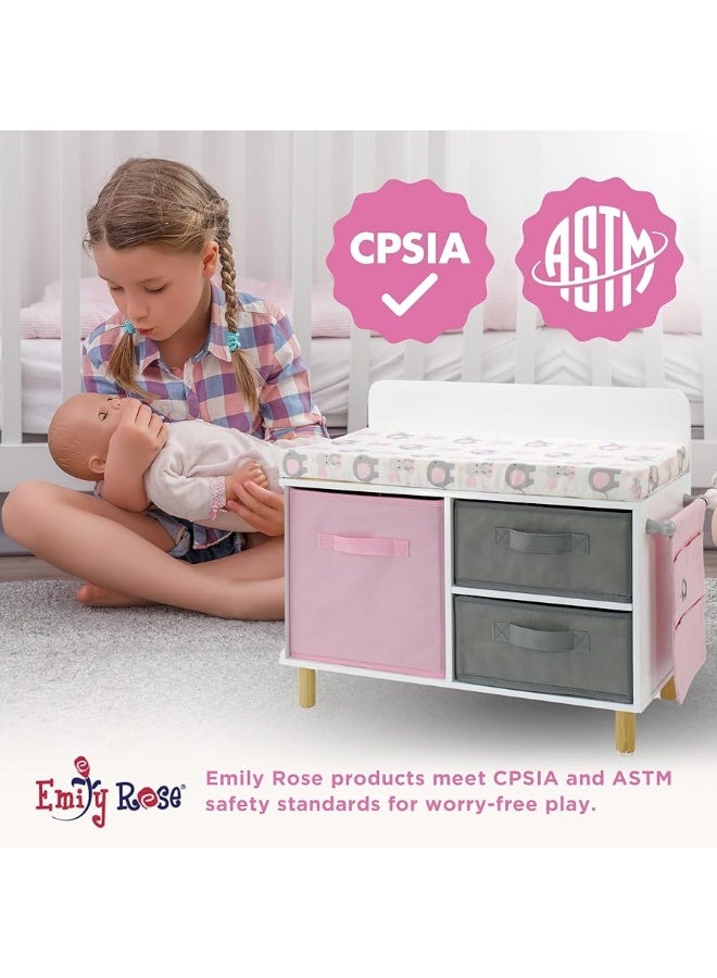 Emily Rose New Wooden Toy Baby Doll Crib Set for Little Girls, Changing Table Furniture with Clothes and Accessories Storage and Pockets, for 3+ Year Olds, Doll Set and Accessories - White/Pink/Gray