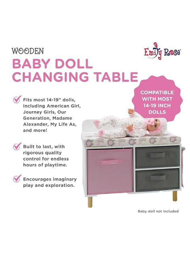 Emily Rose New Wooden Toy Baby Doll Crib Set for Little Girls, Changing Table Furniture with Clothes and Accessories Storage and Pockets, for 3+ Year Olds, Doll Set and Accessories - White/Pink/Gray
