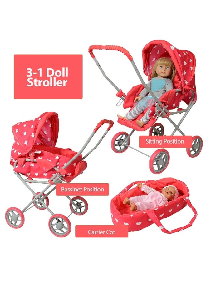 Baby Doll Stroller Play Set, 3-in-1 Babydoll Stroller with Removable Bassinet Baby Carriage for Dolls Toy Doll Stroller for Toddlers 3-4 Years,