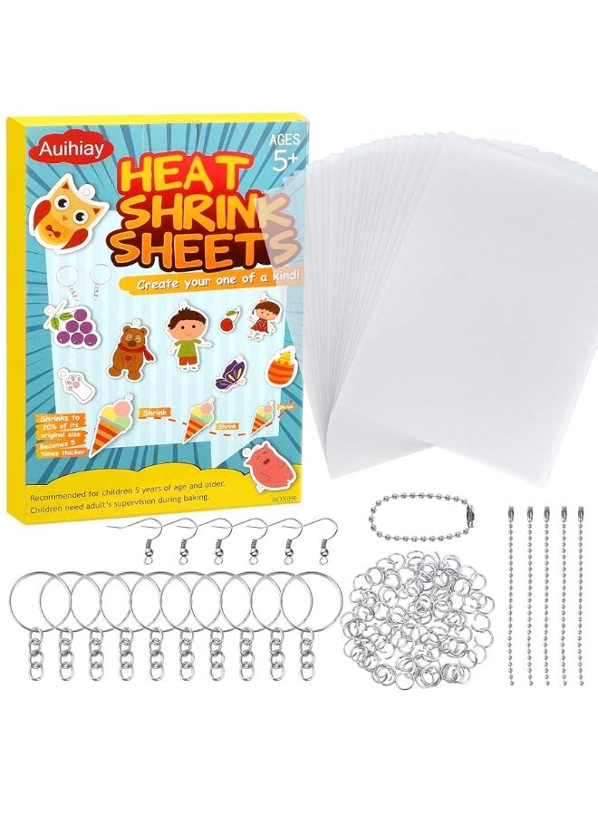 Auihiay 145 Pieces Heat Shrink Plastic Sheet Kit Shrink Papers Include 20 PCS Shrink Film Papers with 125 PCS Keychain Accessories for Kids DIY Creative Mothers Day Gifts