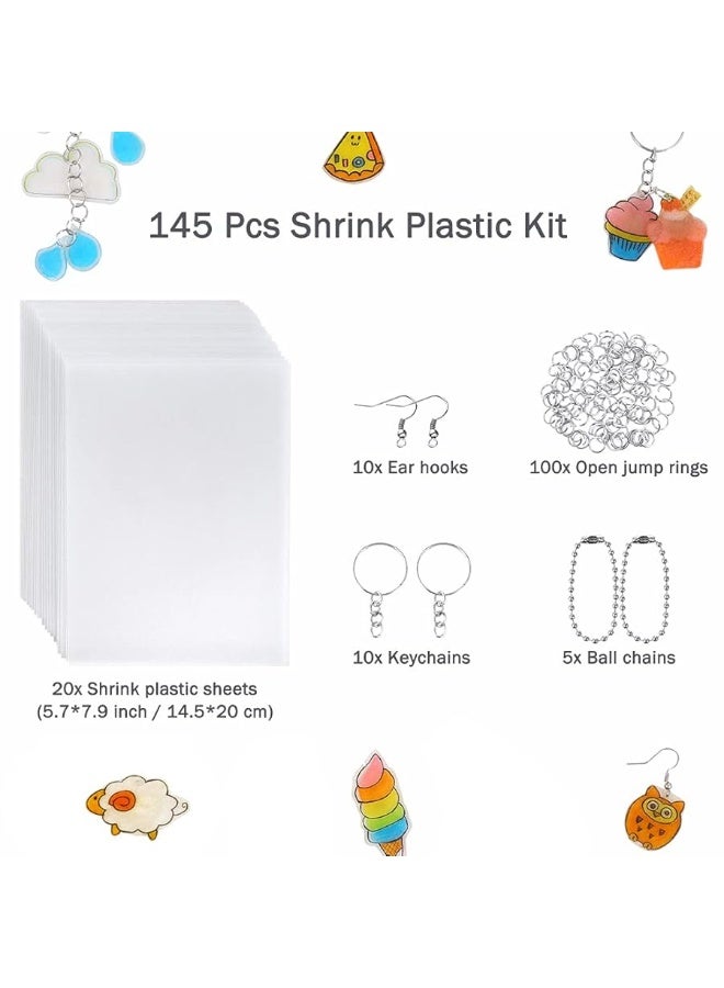 Auihiay 145 Pieces Heat Shrink Plastic Sheet Kit Shrink Papers Include 20 PCS Shrink Film Papers with 125 PCS Keychain Accessories for Kids DIY Creative Mothers Day Gifts