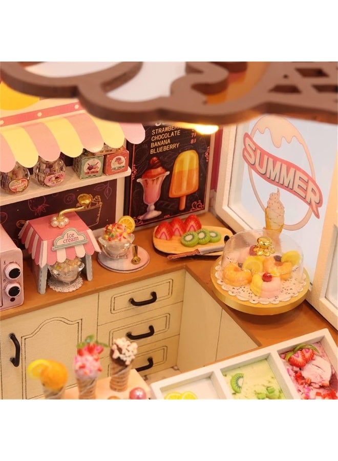 Flever Dollhouse Miniature DIY House Kit Creative Room with Furniture for Romantic Valentine's Gift (Happiness ice Cream Shop)