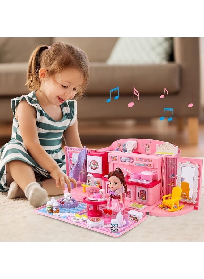 deAO Doll Houses Portable Backpack for Girls with Doll Toy House with Light and Music Baby Dollhouse Furniture for 3 to 8 Years Olds Toddler Kids