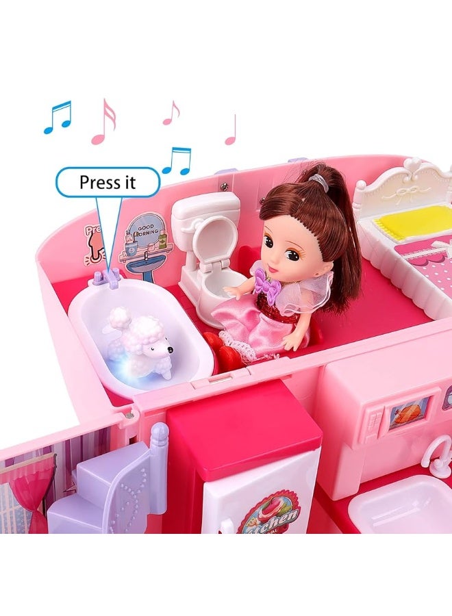 deAO Doll Houses Portable Backpack for Girls with Doll Toy House with Light and Music Baby Dollhouse Furniture for 3 to 8 Years Olds Toddler Kids